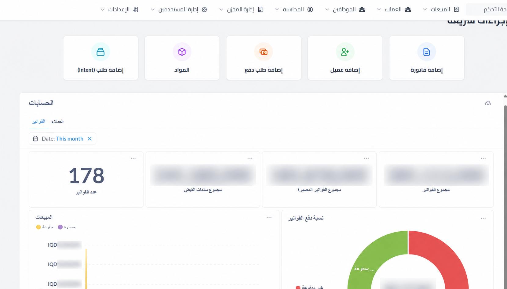لوحة تحكم نظام مخازن العاصمة، مع تغويش الأسماء والمبالغ